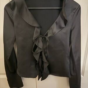 Zara Black Satin Blouse with Ruffle Detail